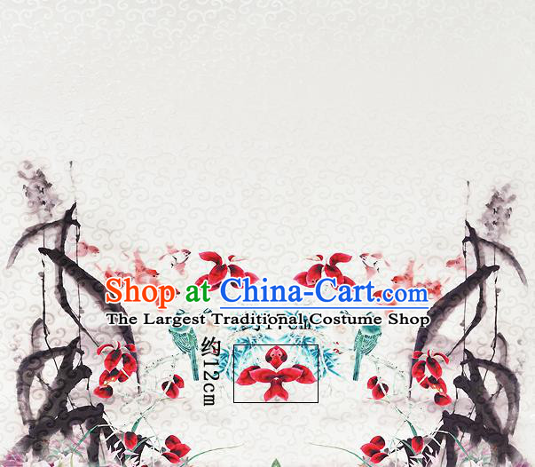 Chinese Classical Orchid Bird Pattern Design White Silk Fabric Asian Traditional Hanfu Mulberry Silk Material