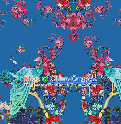 Chinese Classical Peacock Peony Pattern Design Royalblue Silk Fabric Asian Traditional Hanfu Mulberry Silk Material