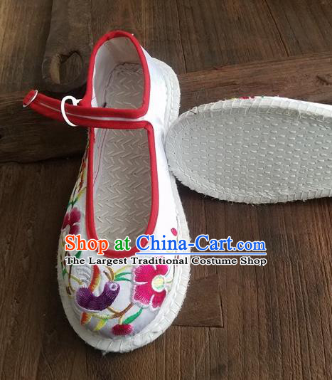 Traditional Chinese Ethnic Embroidered Flower White Satin Shoes National Shoes Hanfu Shoes for Women