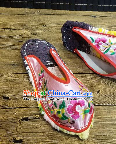 Traditional Chinese Embroidered Flowers Pink Satin Slippers Handmade Ethnic National Shoes Hanfu Shoes for Women