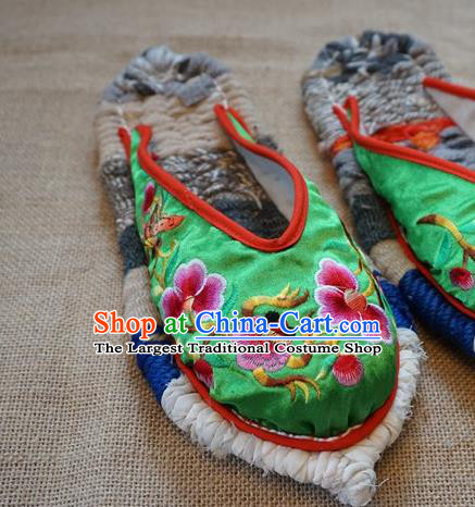 Traditional Chinese Embroidered Flowers Green Satin Slippers Handmade Ethnic National Shoes Hanfu Shoes for Women