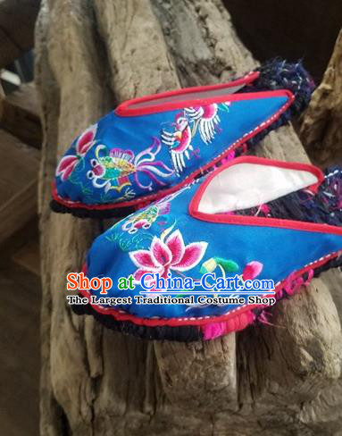Traditional Chinese Embroidered Lotus Blue Slippers Handmade Ethnic National Shoes Hanfu Shoes for Women