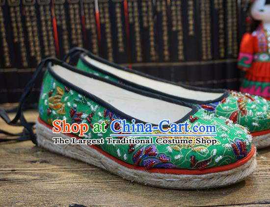 Traditional Chinese Ethnic Green Embroidered Beads Shoes Handmade Yunnan National Shoes Wedding Shoes for Women