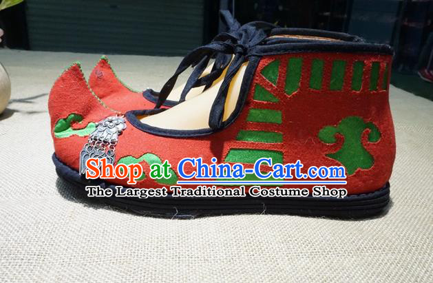 Traditional Chinese Ethnic Miao Silver Red Embroidered Shoes Handmade Yunnan National Shoes Wedding Shoes for Women