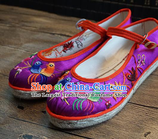 Traditional Chinese Ethnic Embroidered Magpie Purple Shoes Handmade Yunnan National Shoes Wedding Shoes for Women