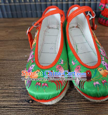 Traditional Chinese Ethnic Embroidered Magpie Green Shoes Handmade Yunnan National Shoes Wedding Shoes for Women