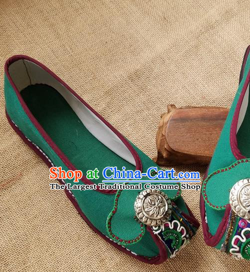 Traditional Chinese Handmade Ethnic Green Shoes Yunnan National Carving Silver Shoes Embroidered Shoes for Women