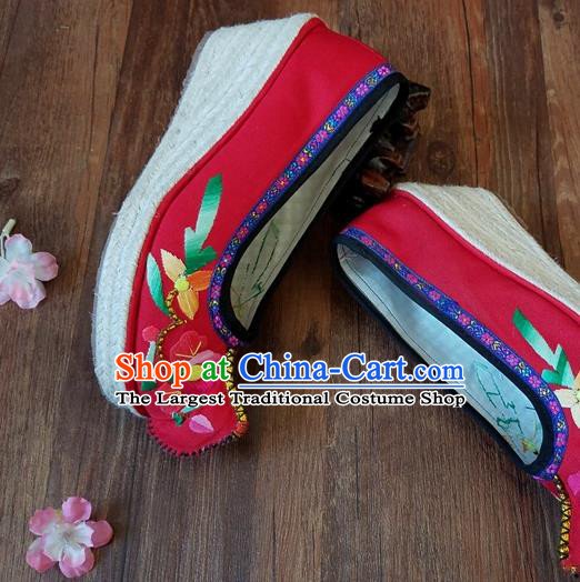 Traditional Chinese Embroidered Red Wedge Shoes National Ethnic Shoes Hanfu Shoes for Women