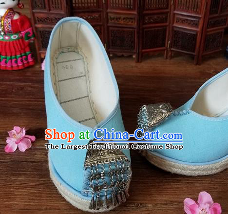 Traditional Chinese Handmade Ethnic Bride Light Blue Shoes Yunnan National Silver Tassel Shoes Wedding Shoes for Women