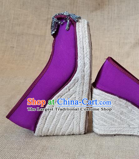 Traditional Chinese Handmade Ethnic Bride Purple Shoes Yunnan National Silver Tassel Shoes Wedding Shoes for Women