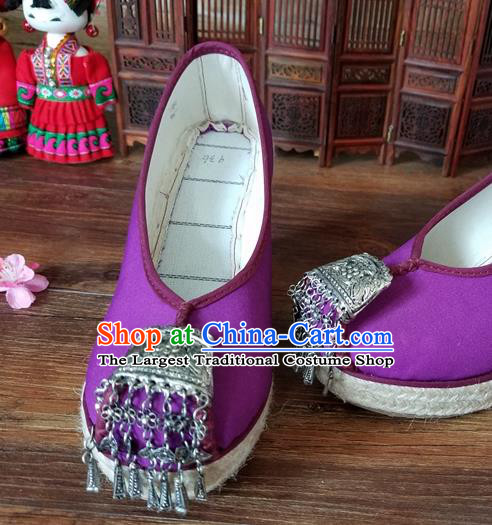 Traditional Chinese Handmade Ethnic Bride Purple Shoes Yunnan National Silver Tassel Shoes Wedding Shoes for Women