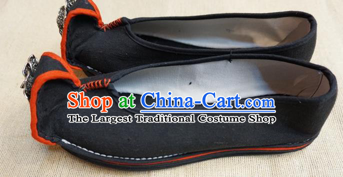 Traditional Chinese Ethnic Silver Carving Black Shoes Embroidered Shoes Yunnan National Wedding Shoes for Women
