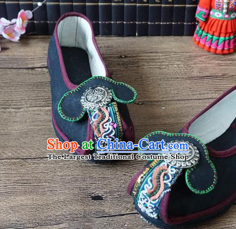 Traditional Chinese Ethnic Silver Black Shoes Embroidered Shoes Yunnan National Wedding Shoes for Women