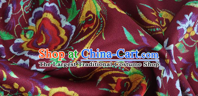 Chinese Classical Phoenix Flowers Pattern Design Purplish Red Silk Fabric Asian Traditional Hanfu Mulberry Silk Material