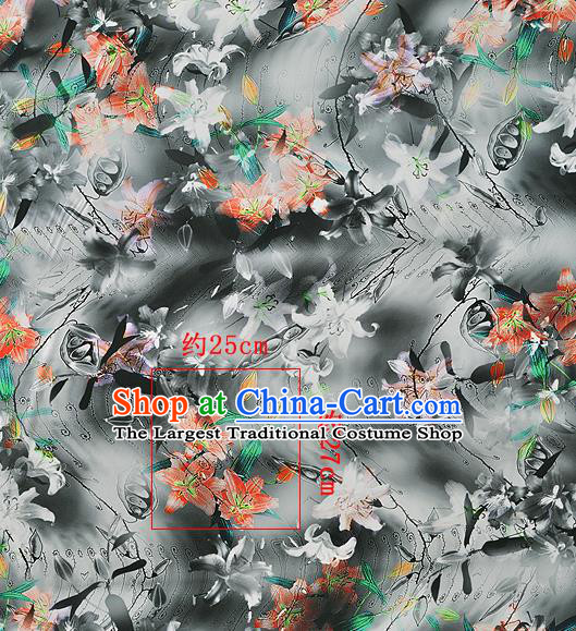Chinese Classical Lily Flowers Pattern Design Grey Silk Fabric Asian Traditional Hanfu Mulberry Silk Material
