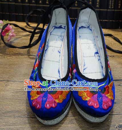 Traditional Chinese Embroidered Butterfly Blue Wedge Shoes National Wedding Shoes Hanfu Shoes for Women