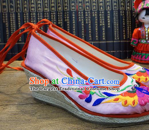 Traditional Chinese Embroidered Butterfly Pink Wedge Shoes National Wedding Shoes Hanfu Shoes for Women