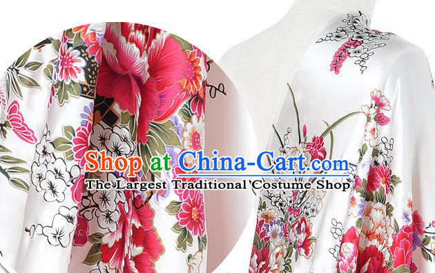 Chinese Classical Orchid Peony Pattern Design White Silk Fabric Asian Traditional Hanfu Mulberry Silk Material