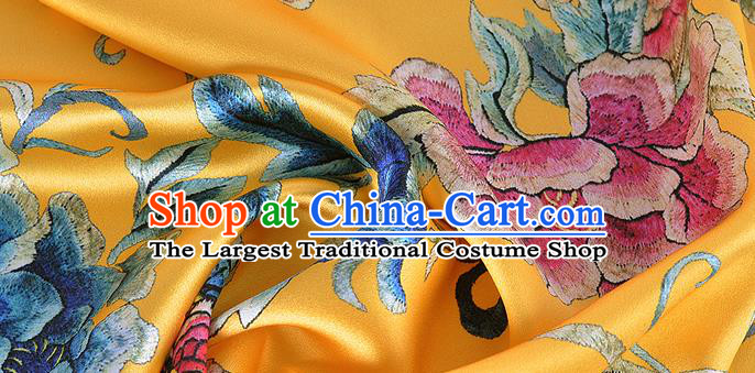Chinese Classical Peony Pattern Design Yellow Silk Fabric Asian Traditional Hanfu Mulberry Silk Material