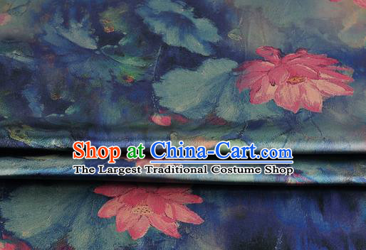 Chinese Classical Lotus Pattern Design Navy Silk Fabric Asian Traditional Hanfu Mulberry Silk Material