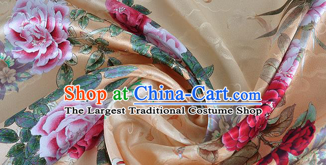 Chinese Classical Cloud Peony Pattern Design Beige Silk Fabric Asian Traditional Hanfu Mulberry Silk Material