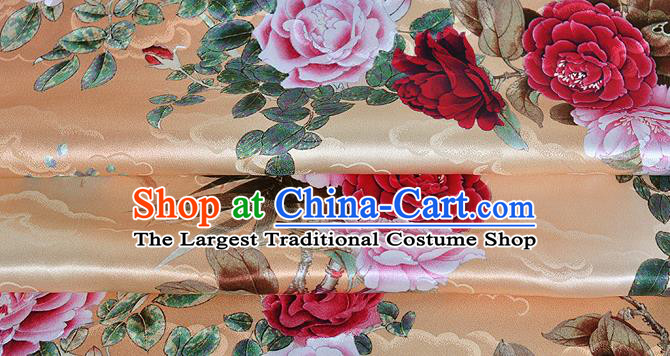 Chinese Classical Cloud Peony Pattern Design Beige Silk Fabric Asian Traditional Hanfu Mulberry Silk Material