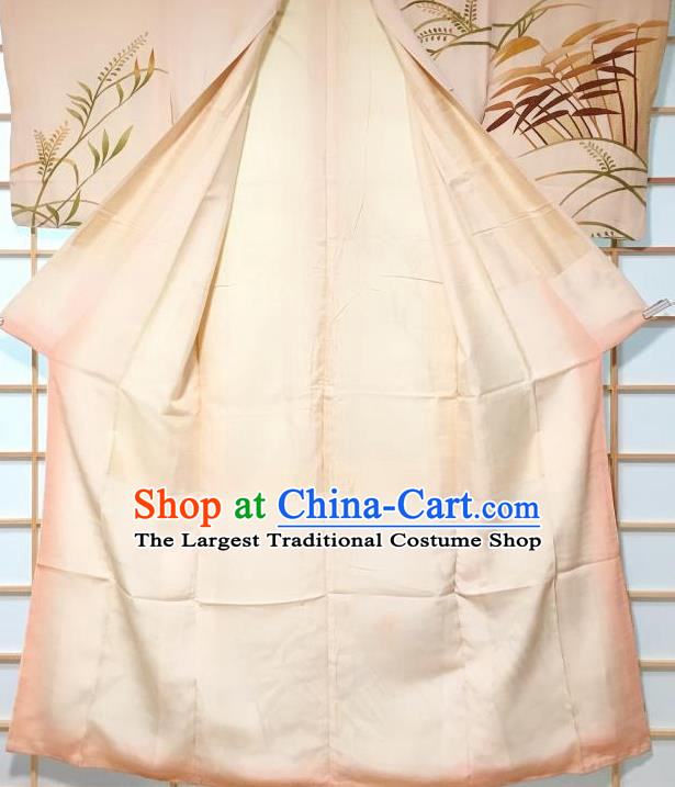 Japanese Traditional Printing Bamboo Leaf Beige Kimono Japan Yukata Dress Costume for Women