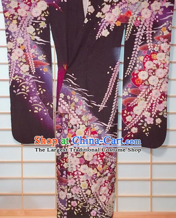 Japanese Traditional Printing Sakura Purple Furisode Kimono Japan Iromuji Yukata Dress Costume for Women