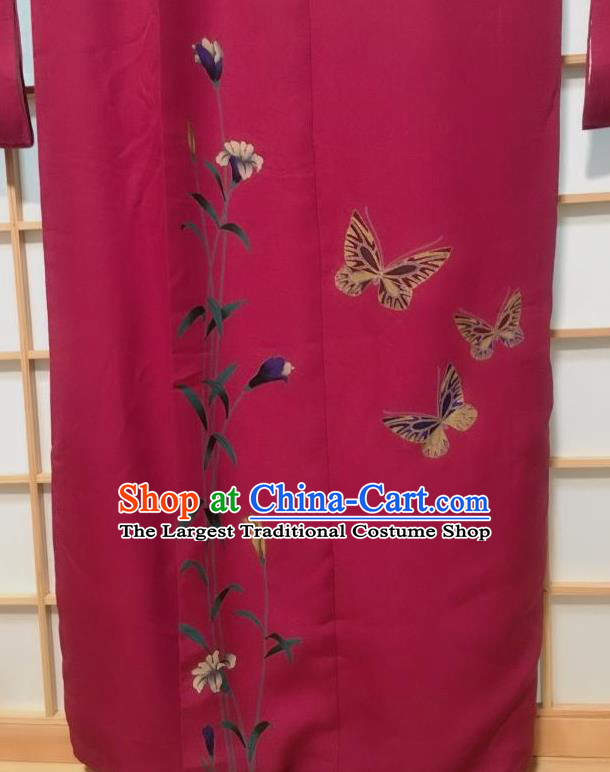 Japanese Traditional Printing Butterfly Wine Red Furisode Kimono Japan Yukata Dress Costume for Women