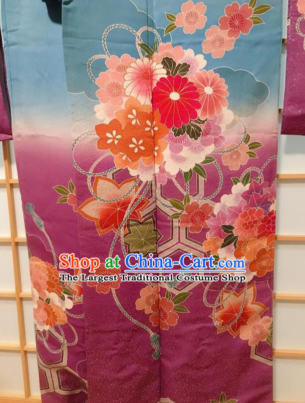 Japanese Traditional Printing Chrysanthemum Blue Furisode Kimono Japan Yukata Dress Costume for Women