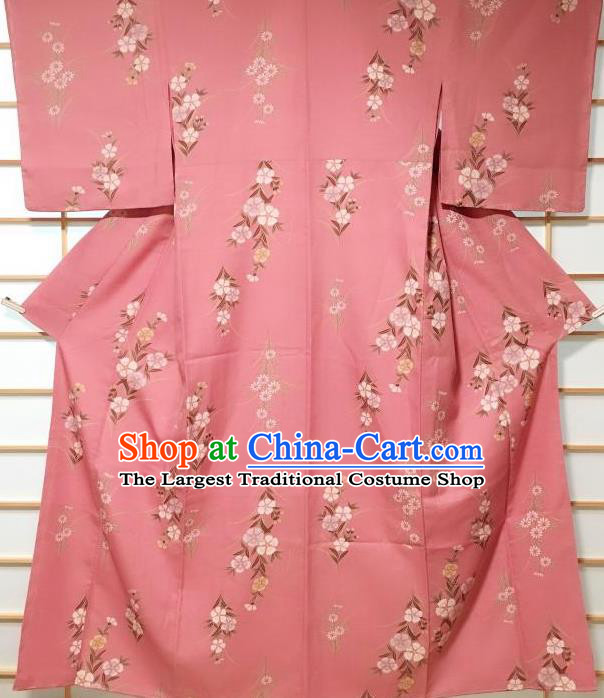 Japanese Traditional Printing Nadeshiko Flowers Pink Furisode Kimono Japan Yukata Dress Costume for Women