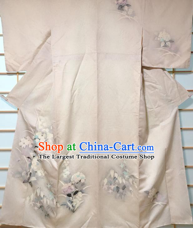 Japanese Traditional Printing Primrose Grey Silk Furisode Kimono Japan Yukata Dress Costume for Women