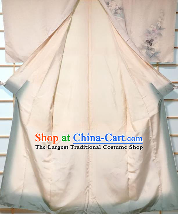 Japanese Traditional Printing Primrose Grey Silk Furisode Kimono Japan Yukata Dress Costume for Women