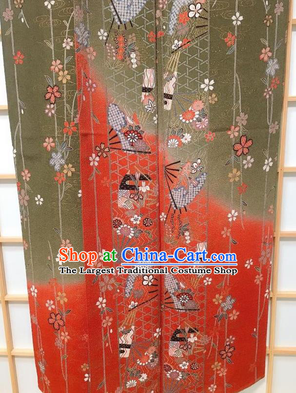 Japanese Traditional Printing Green Silk Furisode Kimono Japan Iromuji Yukata Dress Costume for Women