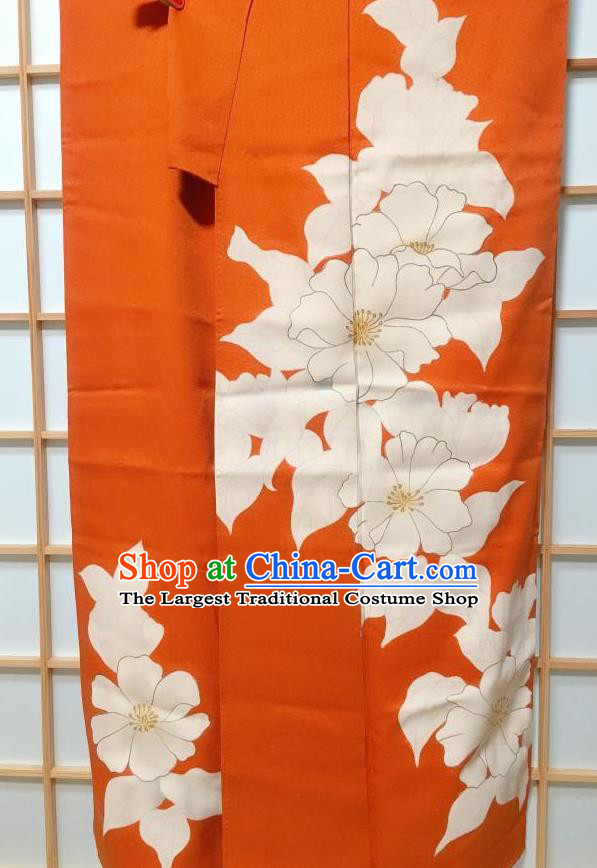 Japanese Traditional Printing Camellia Orange Furisode Kimono Japan Iromuji Yukata Dress Costume for Women