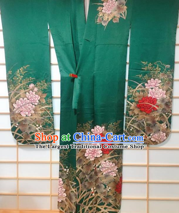 Japanese Traditional Printing Peony Green Furisode Kimono Japan Iromuji Yukata Dress Costume for Women