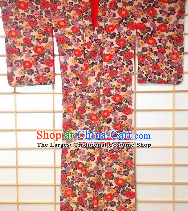 Japanese Traditional Printing Chrysanthemum White Furisode Kimono Japan Yukata Dress Costume for Women