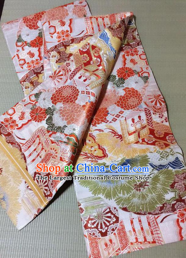Japanese Traditional Red Chrysanthemum Pattern Brocade Waistband Japan Kimono Yukata Belt for Women