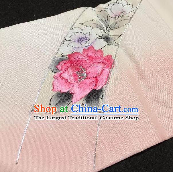 Japanese Traditional Embroidered Camellia Pattern Pink Waistband Japan Kimono Yukata Belt for Women