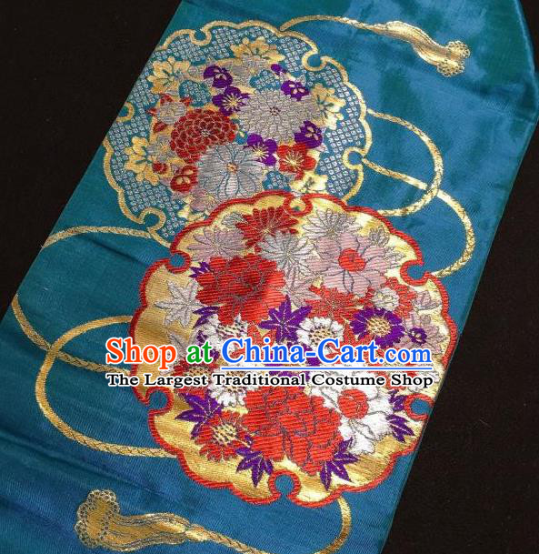 Japanese Traditional Embroidered Peony Pattern Blue Waistband Japan Kimono Yukata Belt for Women