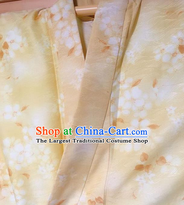 Japanese Traditional Printing Flowers Yellow Furisode Kimono Japan Yukata Dress Costume for Women