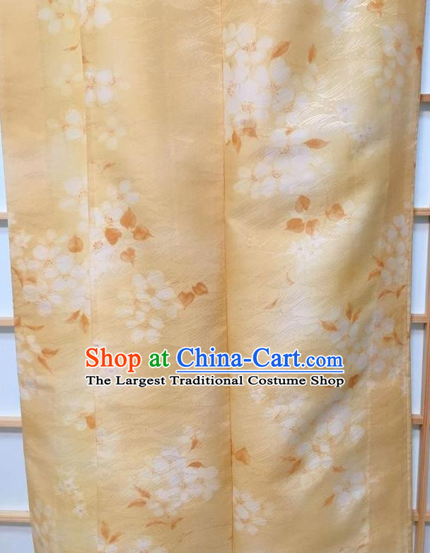 Japanese Traditional Printing Flowers Yellow Furisode Kimono Japan Yukata Dress Costume for Women
