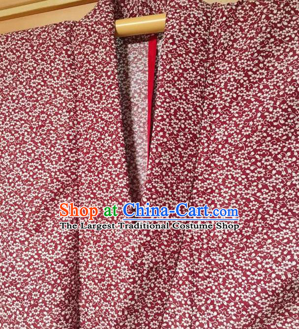 Japanese Traditional Printing Flowers Purplish Red Furisode Kimono Japan Yukata Dress Costume for Women