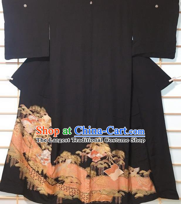 Japanese Traditional Printing Phoenix Black Furisode Kimono Japan Yukata Dress Costume for Women