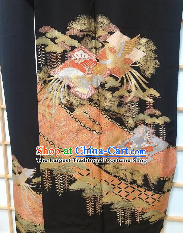 Japanese Traditional Printing Phoenix Black Furisode Kimono Japan Yukata Dress Costume for Women