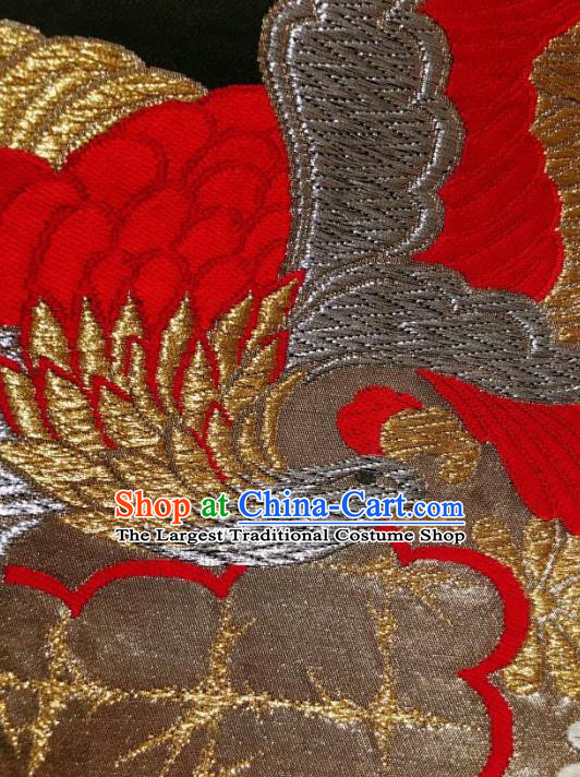 Japanese Traditional Embroidered Phoenix Fan Pattern Black Brocade Waistband Japan Kimono Yukata Belt for Women