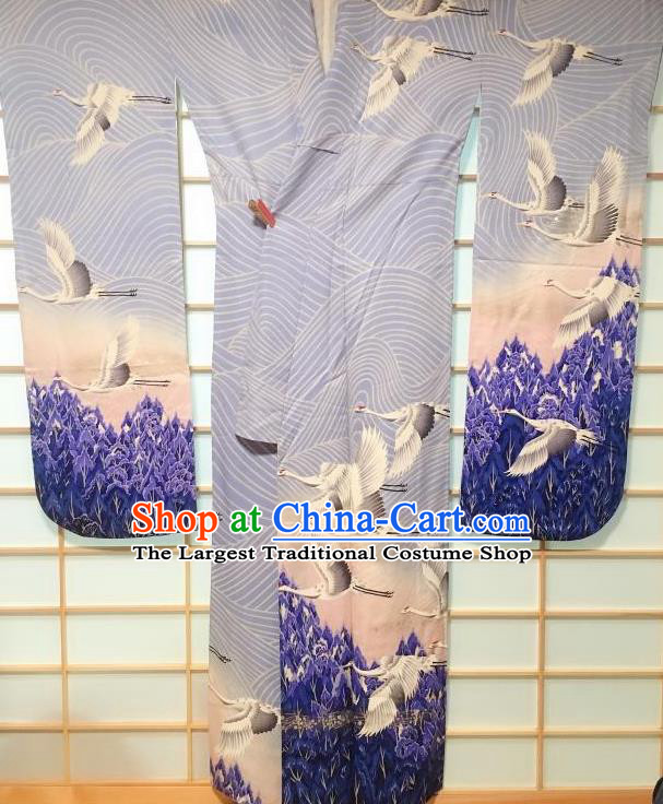 Japanese Traditional Embroidered Crane Blue Furisode Kimono Japan Yukata Dress Costume for Women
