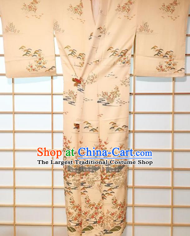 Japanese Traditional Printing Apricot Silk Furisode Kimono Japan Yukata Dress Costume for Women