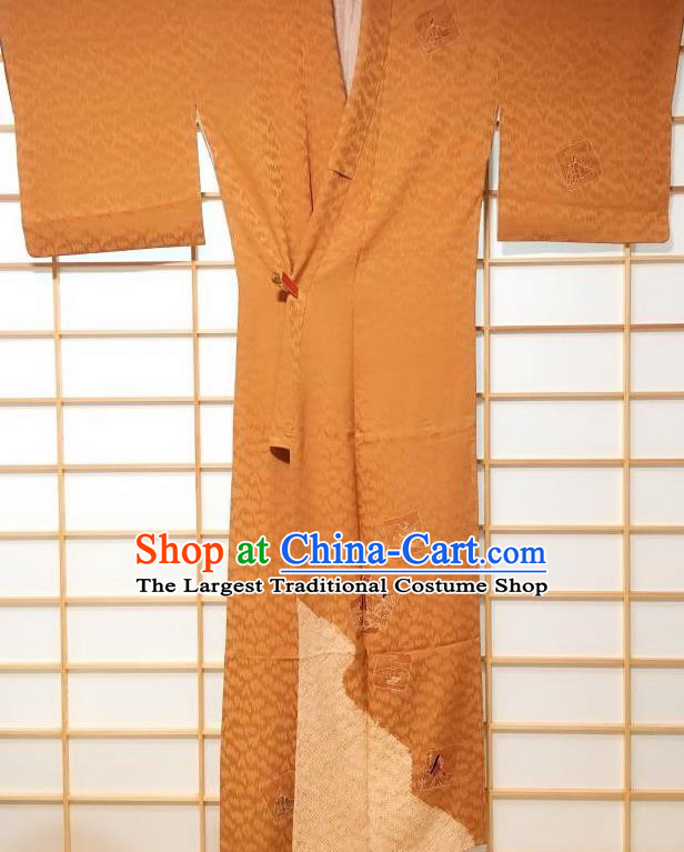 Japanese Traditional Orange Furisode Kimono Japan Yukata Dress Costume for Women