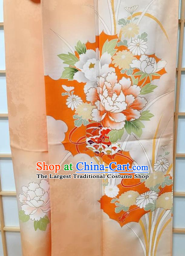 Japanese Traditional Printing Peony Orange Furisode Kimono Japan Yukata Dress Costume for Women